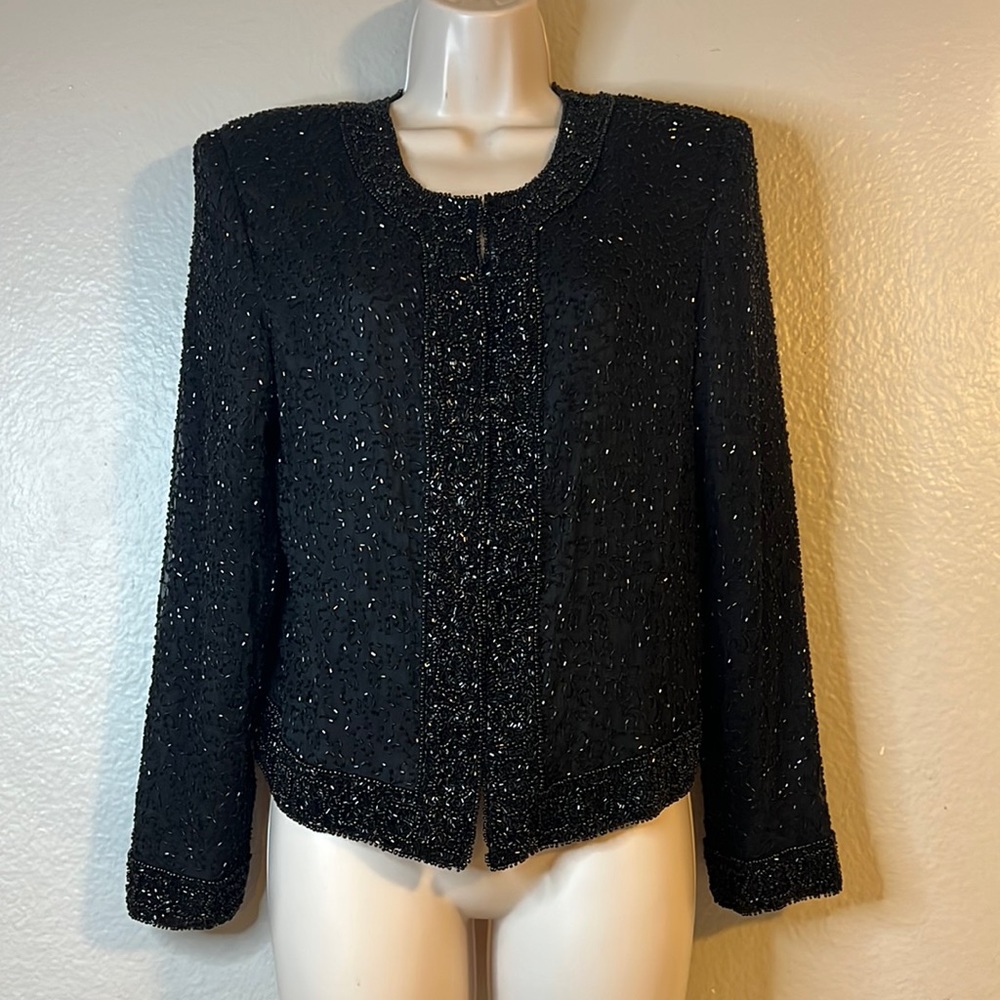 1980s Laurence Kazar Beaded Jacket Black Silk beading Formal Bolero 80s Evening